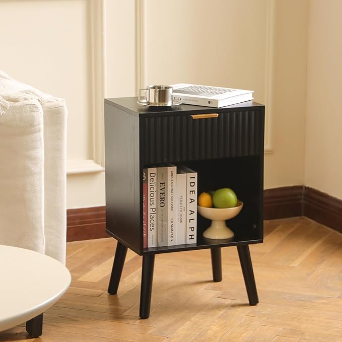 Mid Century Modern Nightstand, Wood Bedside Table with Drawer and Opening Storage, End Table Living Room Fluted Night Stand with Solid Wood Legs for Bedroom