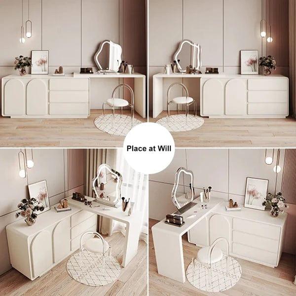 Cristobal White Makeup Vanity Retractable Dressing Table Beauty Station with 3 Drawers, Vanity Dressing Table with 4 Drawers, Lighting Adjustable Brightness, Large Vanity Table Set for Bedroom - Ouch Cart 