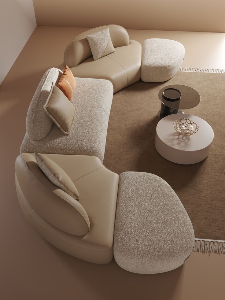 Modern Modular Bouclé Sofa Set | Luxury Curved Designer Lounge Sofa with Ottoman | Contemporary Upholstered Living Room Sofa