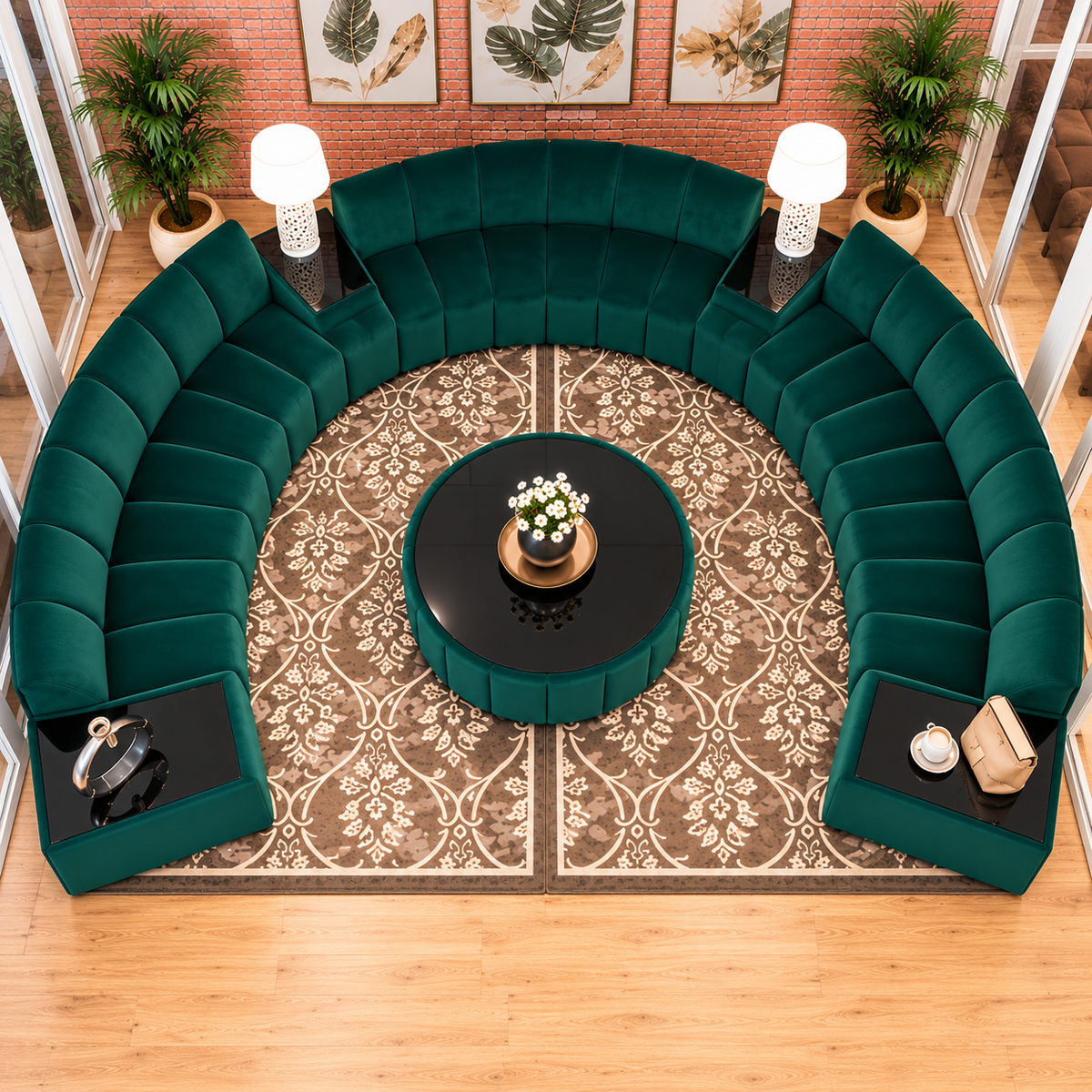 Luxury Emerald Green Velvet Curved Sectional Sofa Set with Round Coffee Table | Modern U-Shaped Modular Sofa for Living Room