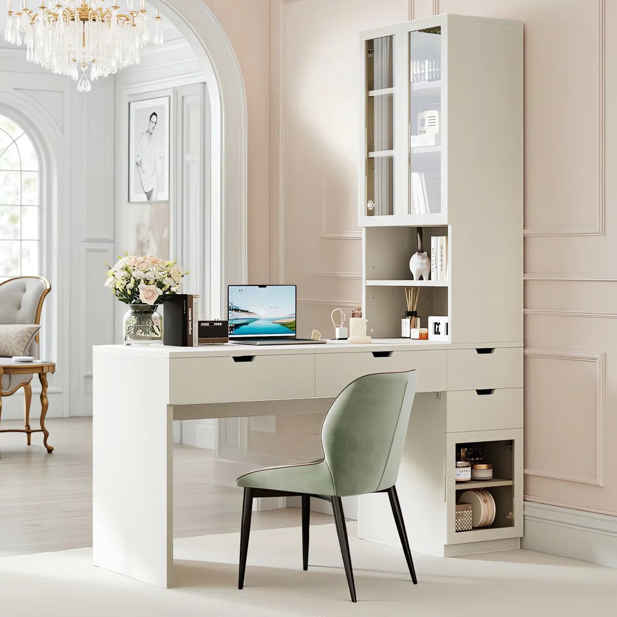 76.8" H Versatile White Vanity Desk With Lift-Up Mirror & Charging Station, Computer Desk With 3 Drawers, 2 Glass Door Cabinets & Open Shelves