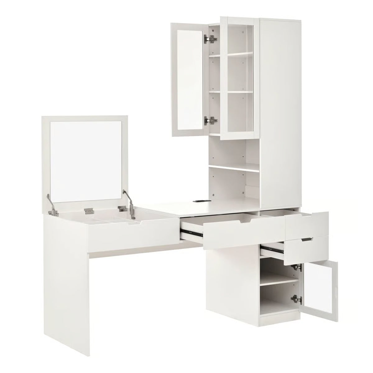 76.8" H Versatile White Vanity Desk With Lift-Up Mirror & Charging Station, Computer Desk With 3 Drawers, 2 Glass Door Cabinets & Open Shelves