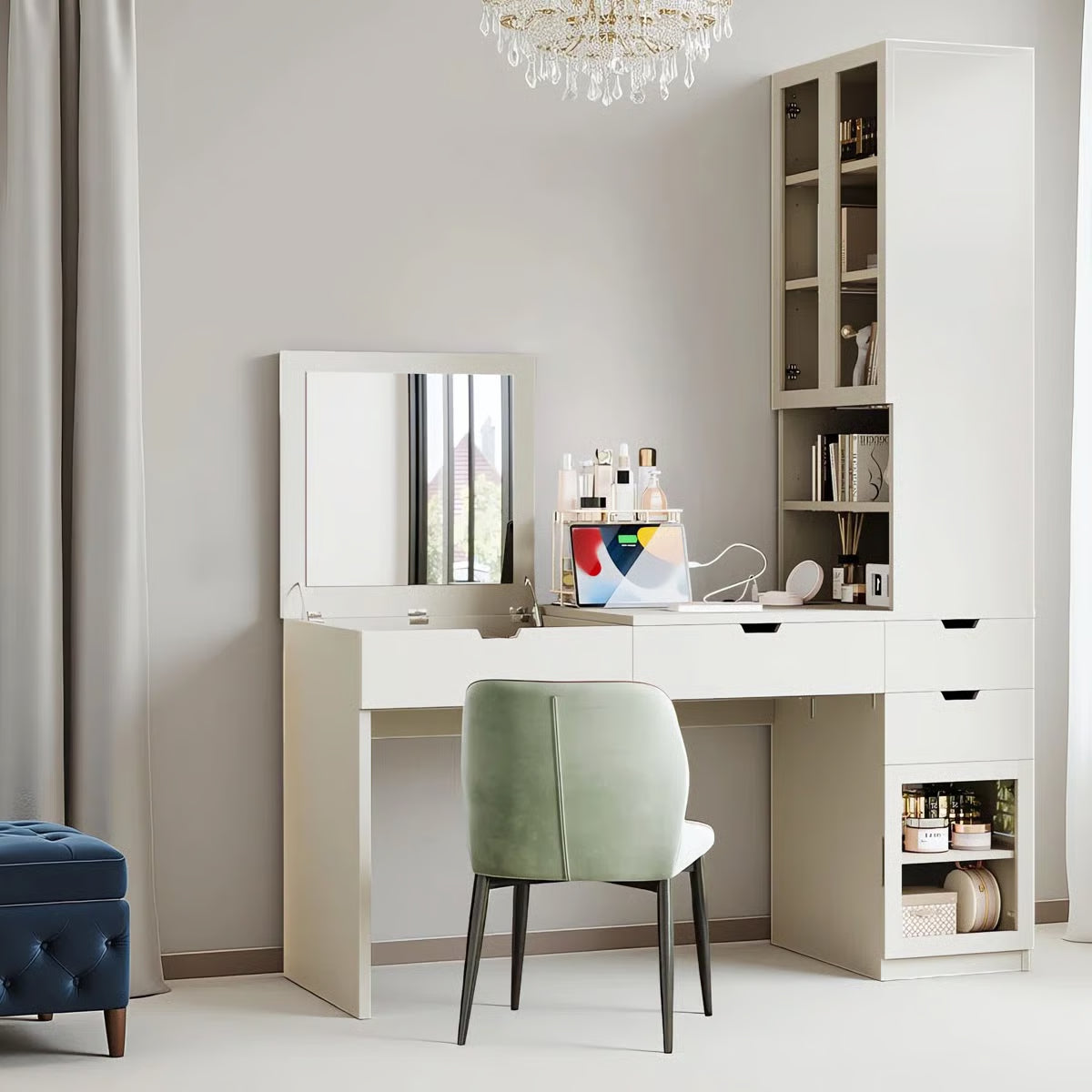 76.8" H Versatile White Vanity Desk With Lift-Up Mirror & Charging Station, Computer Desk With 3 Drawers, 2 Glass Door Cabinets & Open Shelves