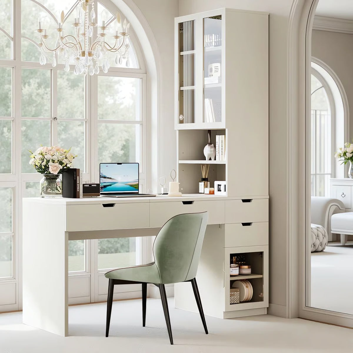 76.8" H Versatile White Vanity Desk With Lift-Up Mirror & Charging Station, Computer Desk With 3 Drawers, 2 Glass Door Cabinets & Open Shelves