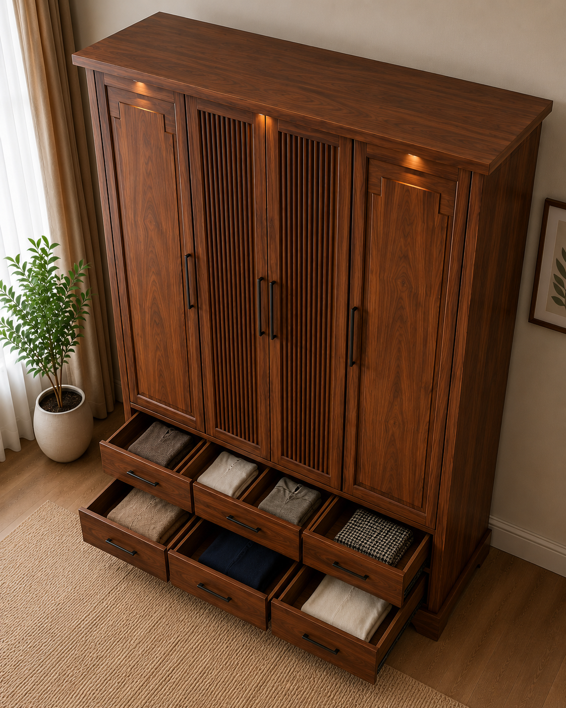 Modern 4 Door Wooden Wardrobe with 6 Storage Drawers | Premium Walnut Finish Bedroom Almirah | Spacious Clothes Storage Cabinet