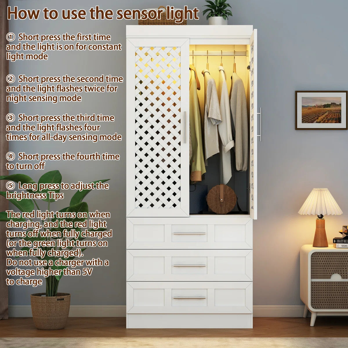 75.6''H Armoire Wardrobe With Sensor Light, 3 Hand-Made Woven Rattan Doors, Hanging Rod And 3 Drawers