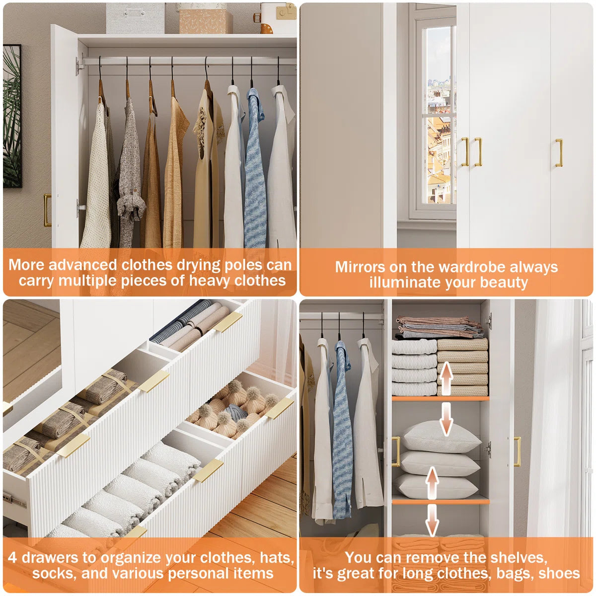 Armoire Wardrobe Closet With 3 Door, Mirror And Led Lights