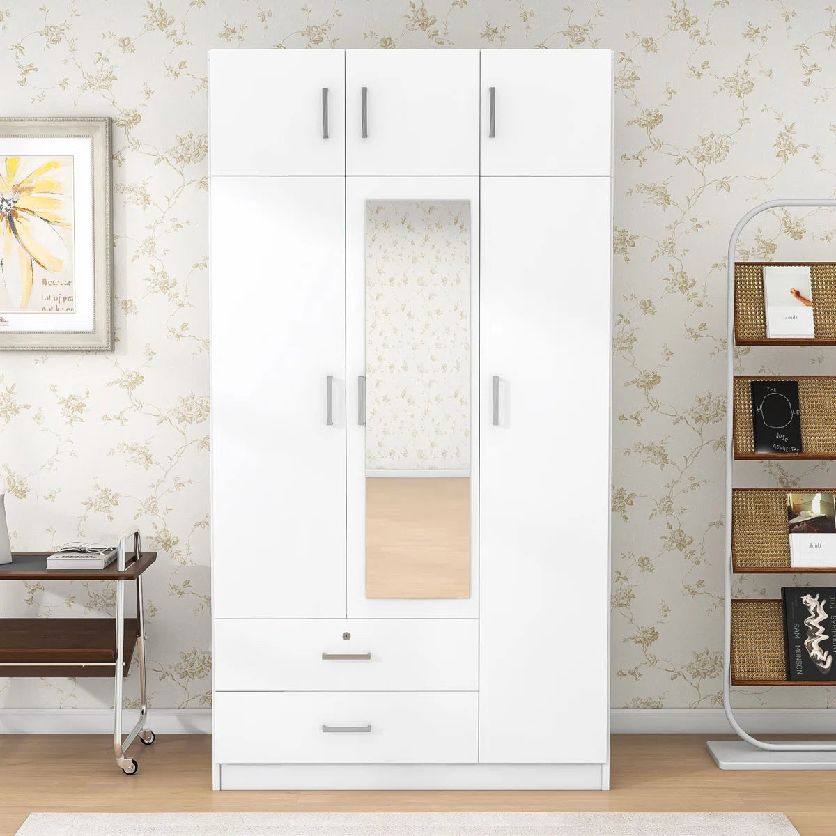 Izzat Wood Freestanding Wardrobe with Built-In Mirror, 2 Drawers and Top Cabinet