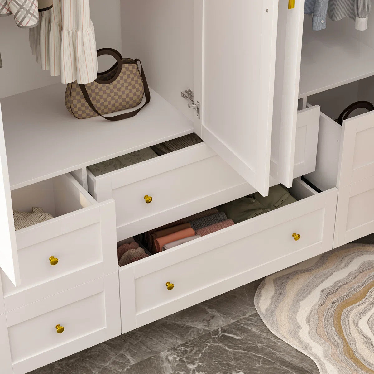 Modern White Wardrobe Closet With Top Cabinets And Drawers, Freestanding Armoire With Hanging Rods & Storage Shelves, Gold Handles