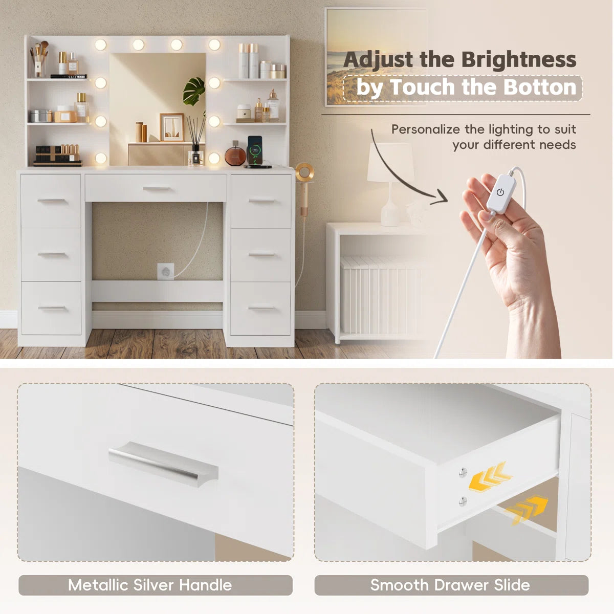 Ragin Vanity Desk with 3-Mode LED Mirror Lights and Built-In USB Charging Station-OUCH CART | dressing table  
