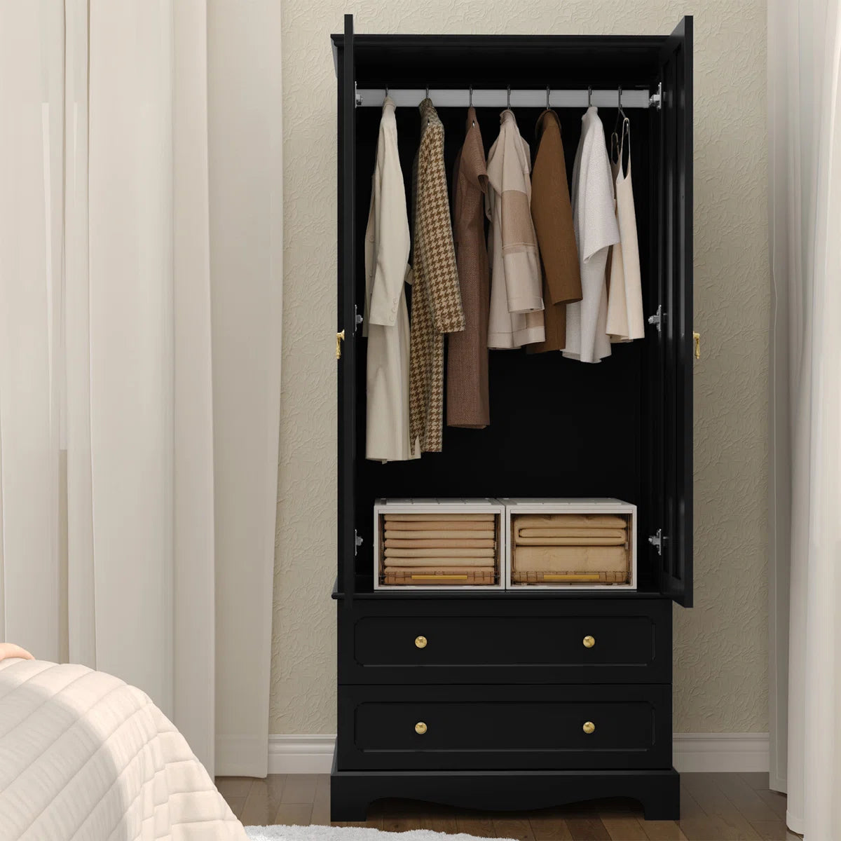 Freestanding Wooden Wardrobe Armoire with 2 Drawers