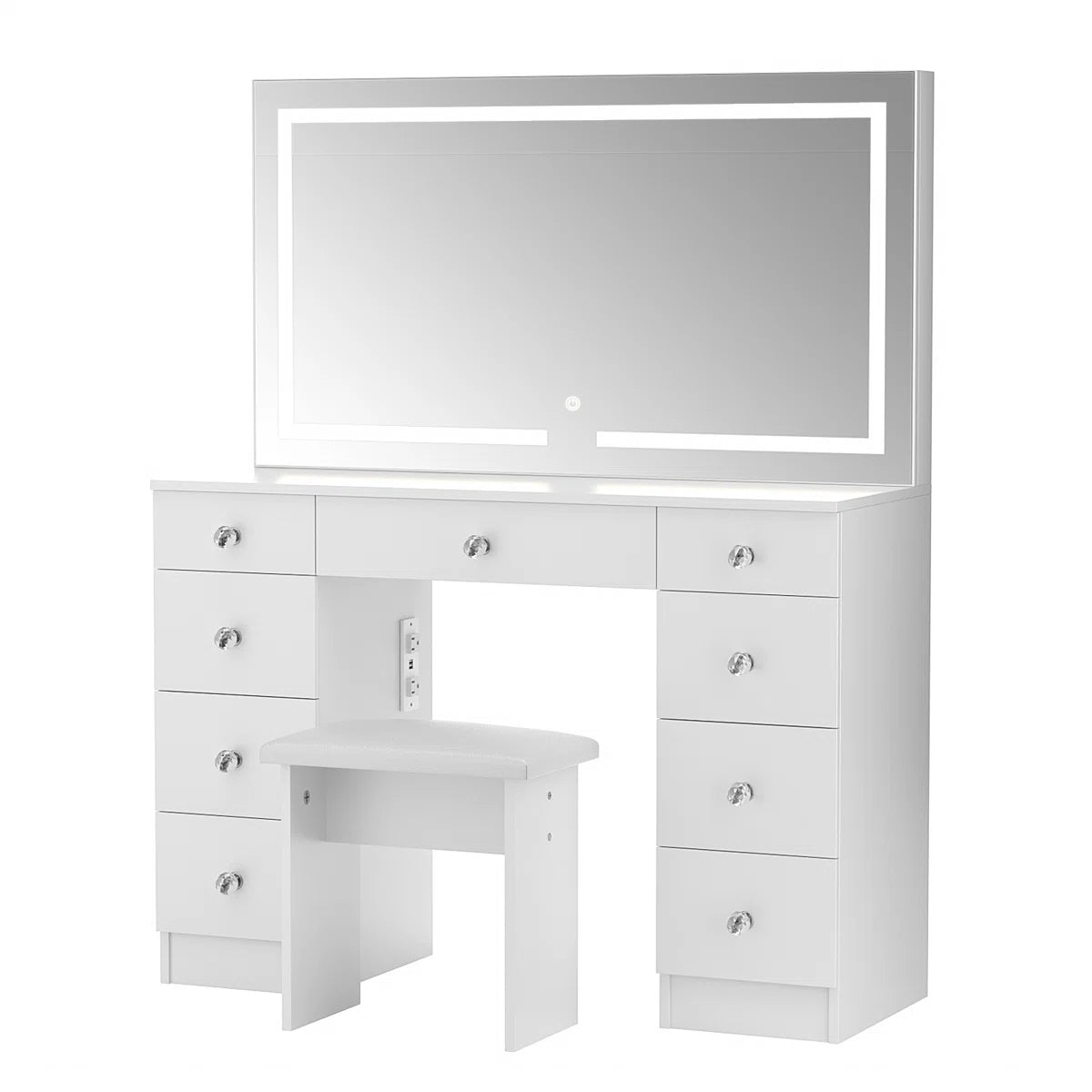 Greyden Lighted Vanity Set with LED Mirror, Diamond Handles on 9 Drawers, and Built-In Power Outlet