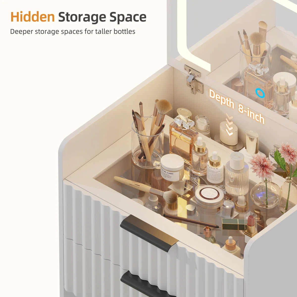 Space-Saving Vanity Desk with Flip-Up LED Mirror, Glass Drawer Storage, and Hidden Stool- OUCH CART| Dressing tables 
