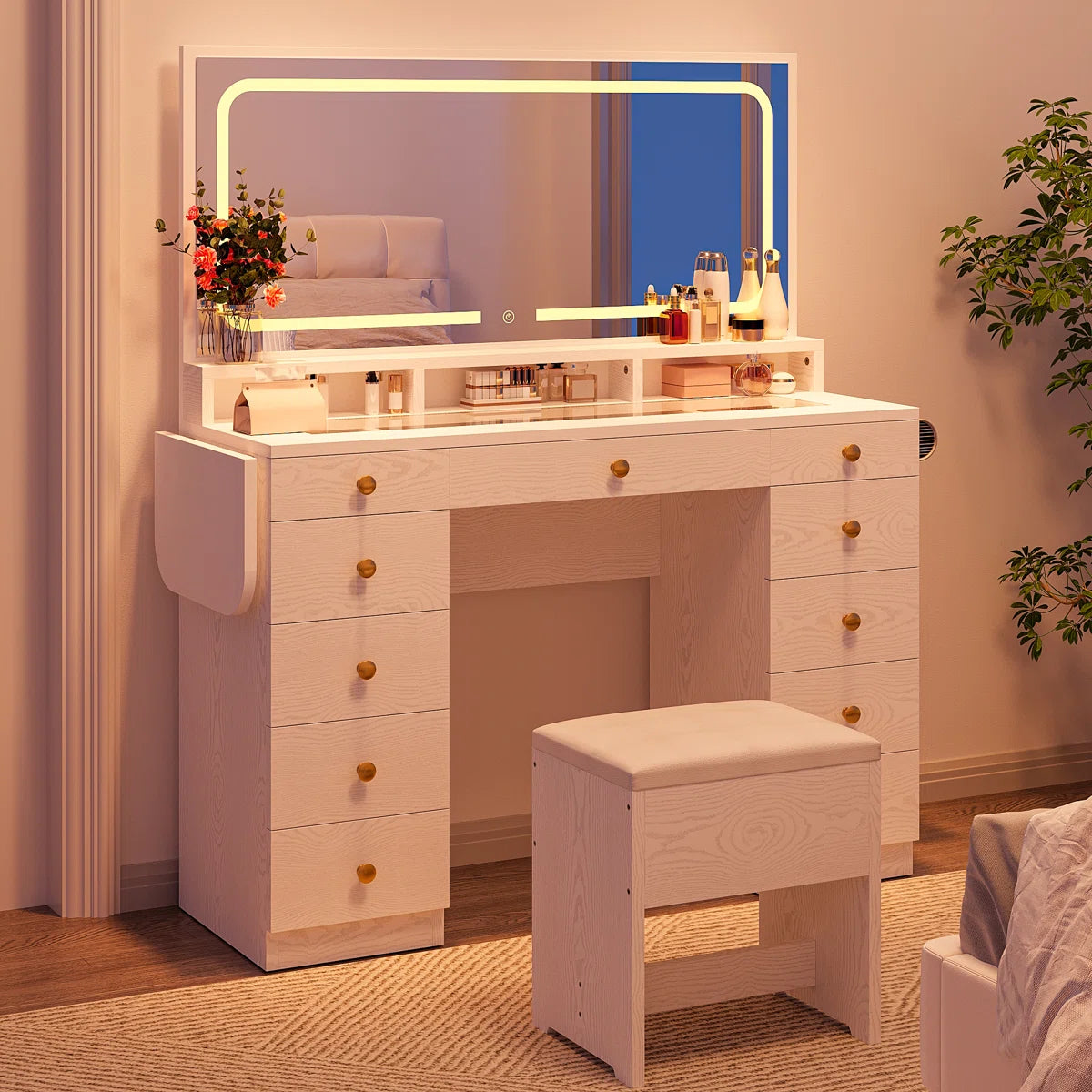 46’’ Makeup Vanity Set with LED Lights, Mirror, Power Outlet, 11 Drawers, and Matching Stool - OUCH CART| Dressing table 