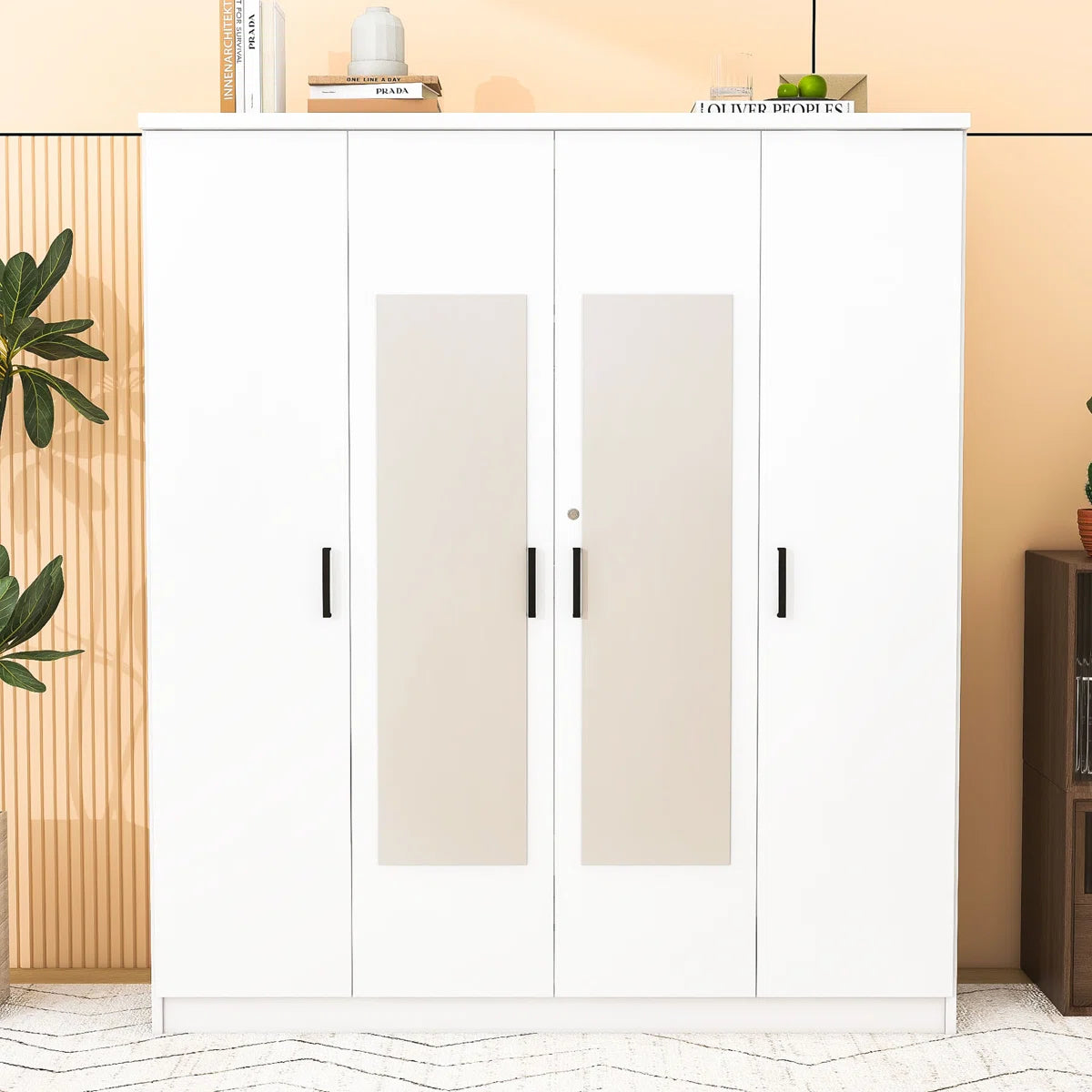 Contemporary Wooden Freestanding Wardrobe with Built-in Mirrors and Lockable Drawer
