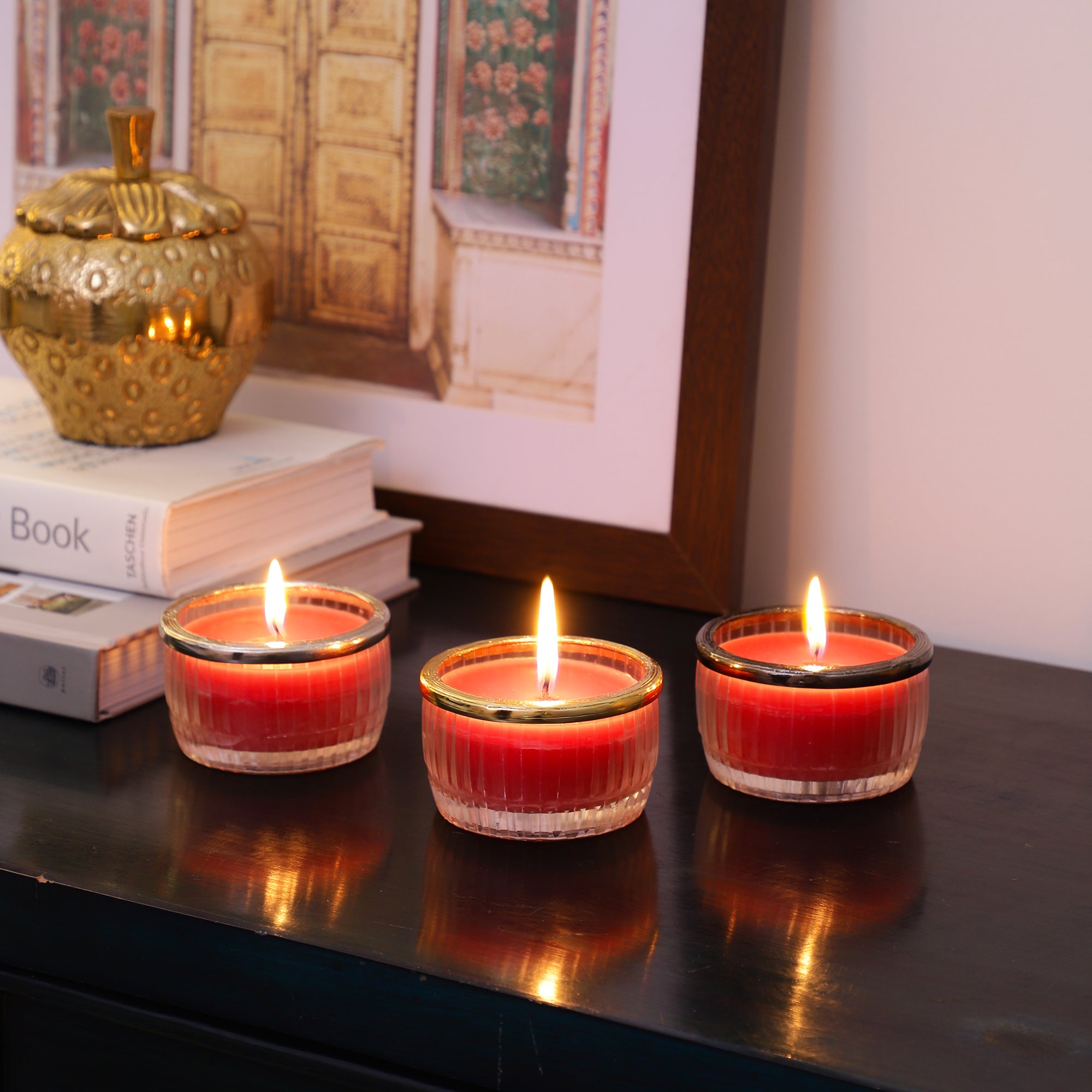 cherry blossom red scented candle glass jar with Golden ring