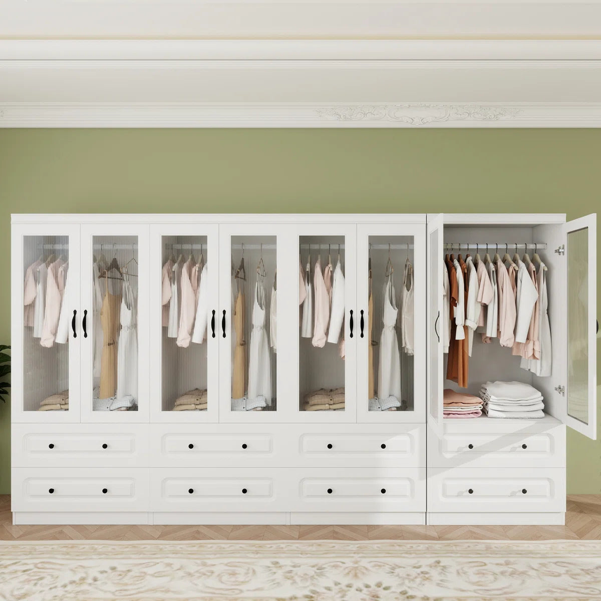 White Armoire Wardrobe Closet With 8 Doors, Black Handles, Deep Drawers, And Glass Doors – Large Wardrobe Closet For Bedroom, Closet Organizers and Storage, Wardrobe Closet With Drawers, White Closet