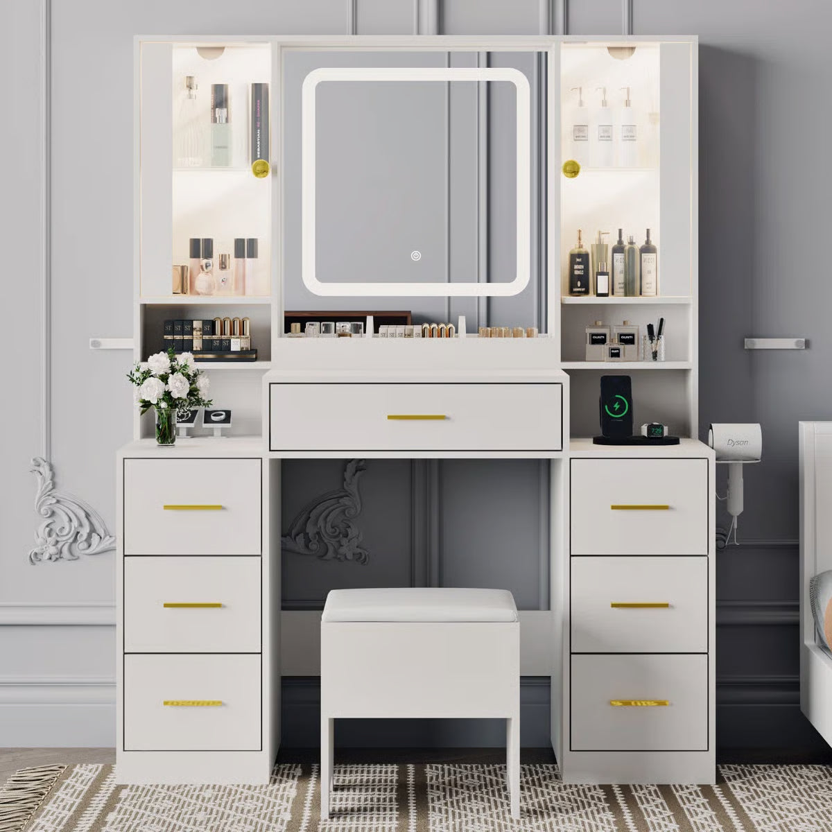 Large 7-Drawer Vanity Desk with LED Mirror, Storage Stool, Cabinet, Charging Station and Hair Dryer Rack