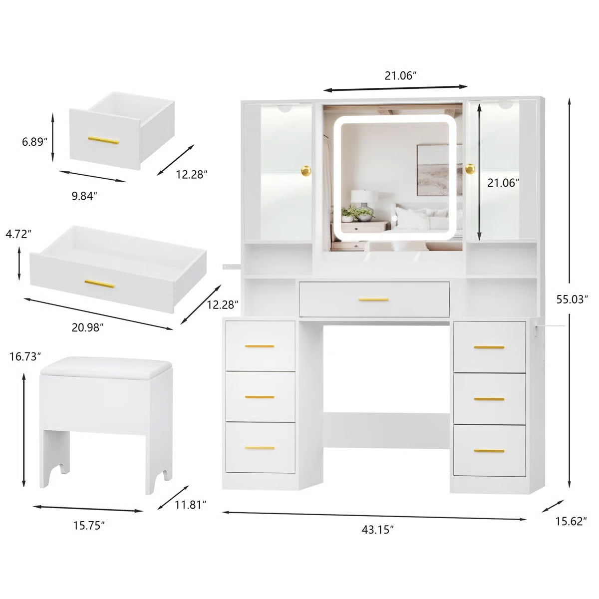 Large 7-Drawer Vanity Desk with LED Mirror, Storage Stool, Cabinet, Charging Station and Hair Dryer Rack