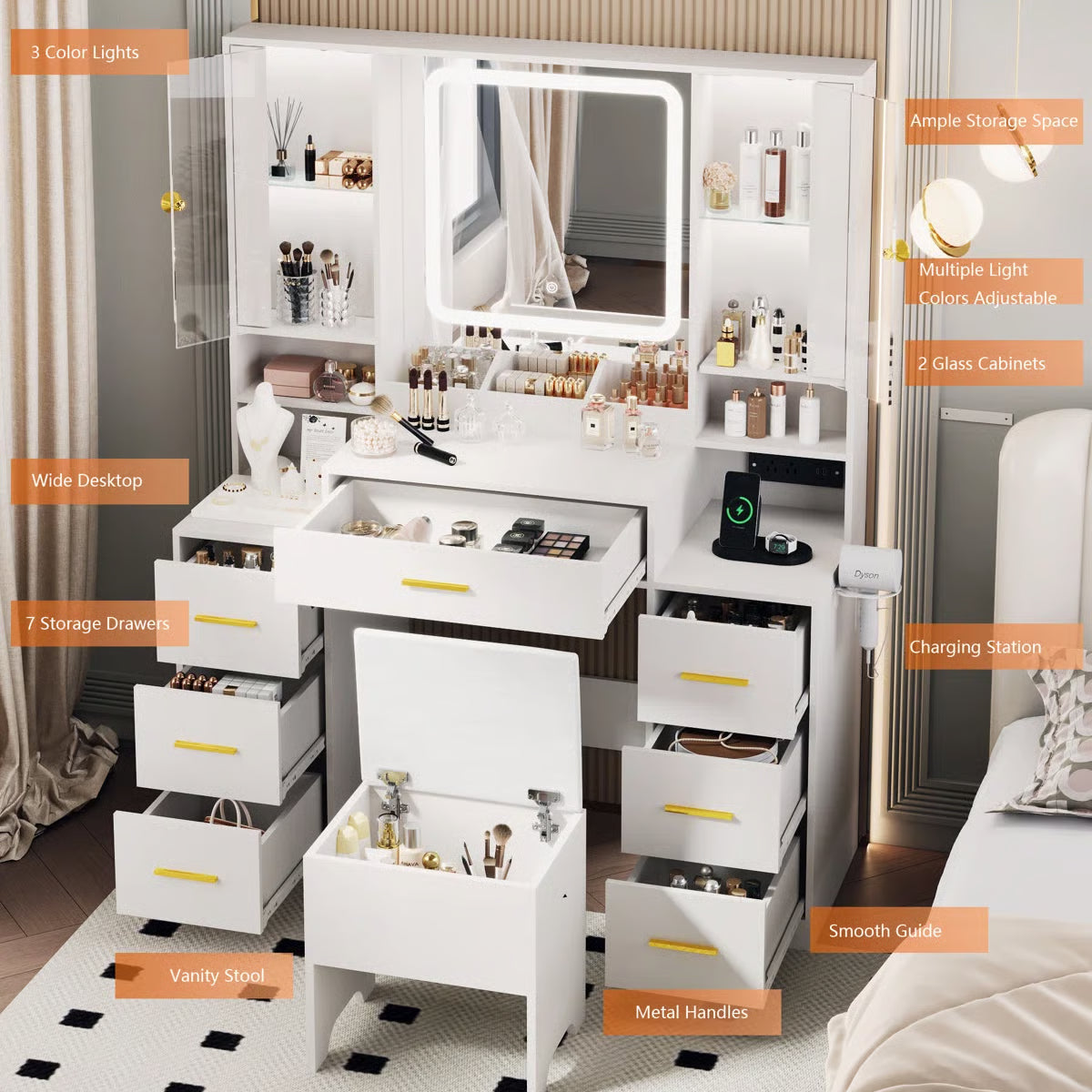 Large 7-Drawer Vanity Desk with LED Mirror, Storage Stool, Cabinet, Charging Station and Hair Dryer Rack