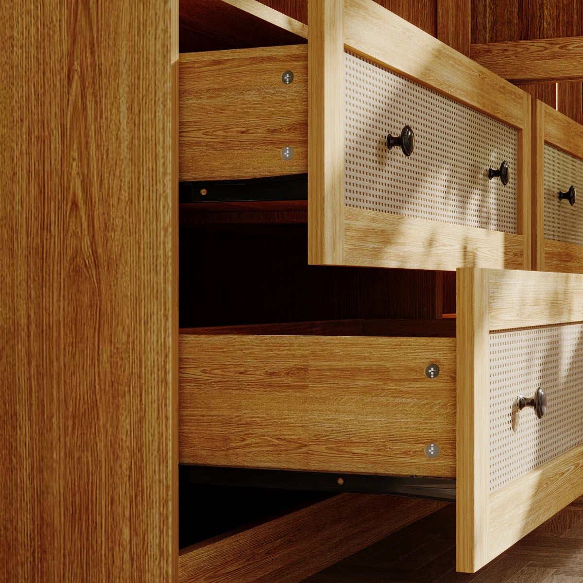 62.8" Wide 4-Rattan Door Wardrobe Closet Set With 4 Drawers & Anti-Tip Design