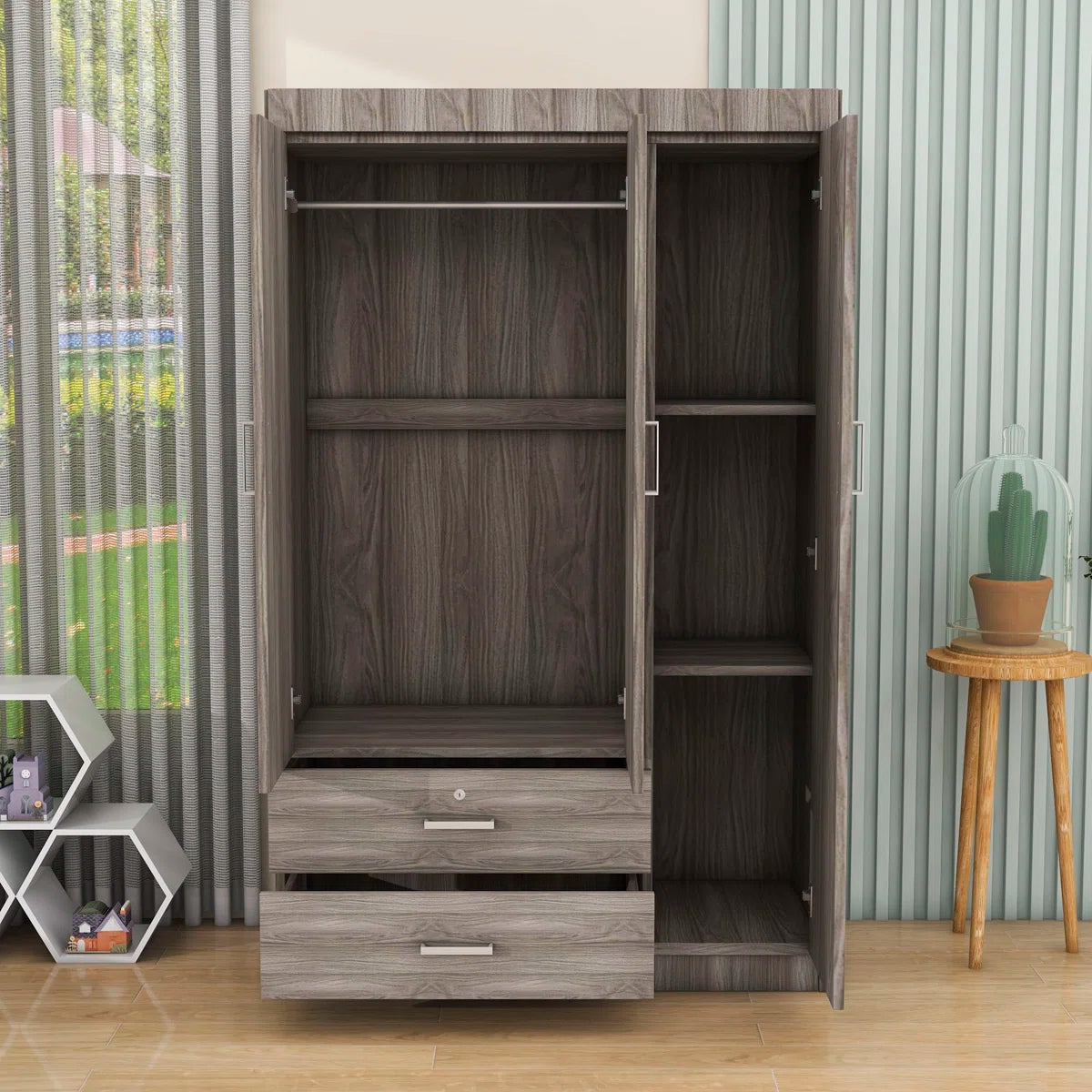 Carene Wood 2 Drawers 3-Doors Wardrobe with Shelves