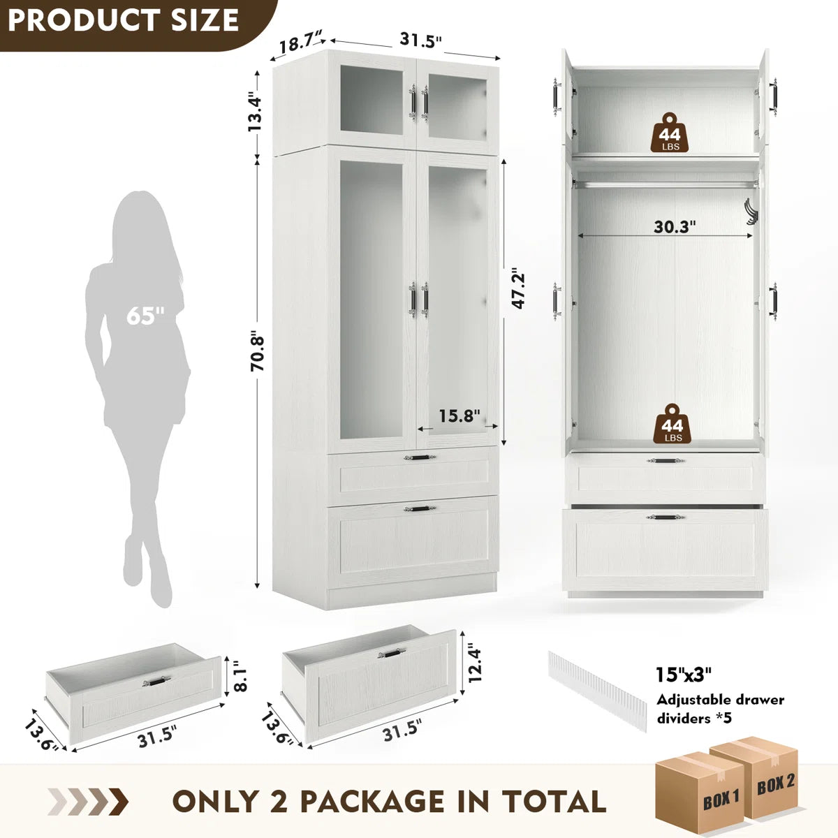 Meissalivve 2 Door Wardrobe Cabinet With Hanging Rod & 2 Drawers, 85.9''H Armoire Wardrobe Closet With Frosted Glass, Wardrobe Clothes Storage Closet Cabinet With Top Cabinets For Bedroom, Wood Grain