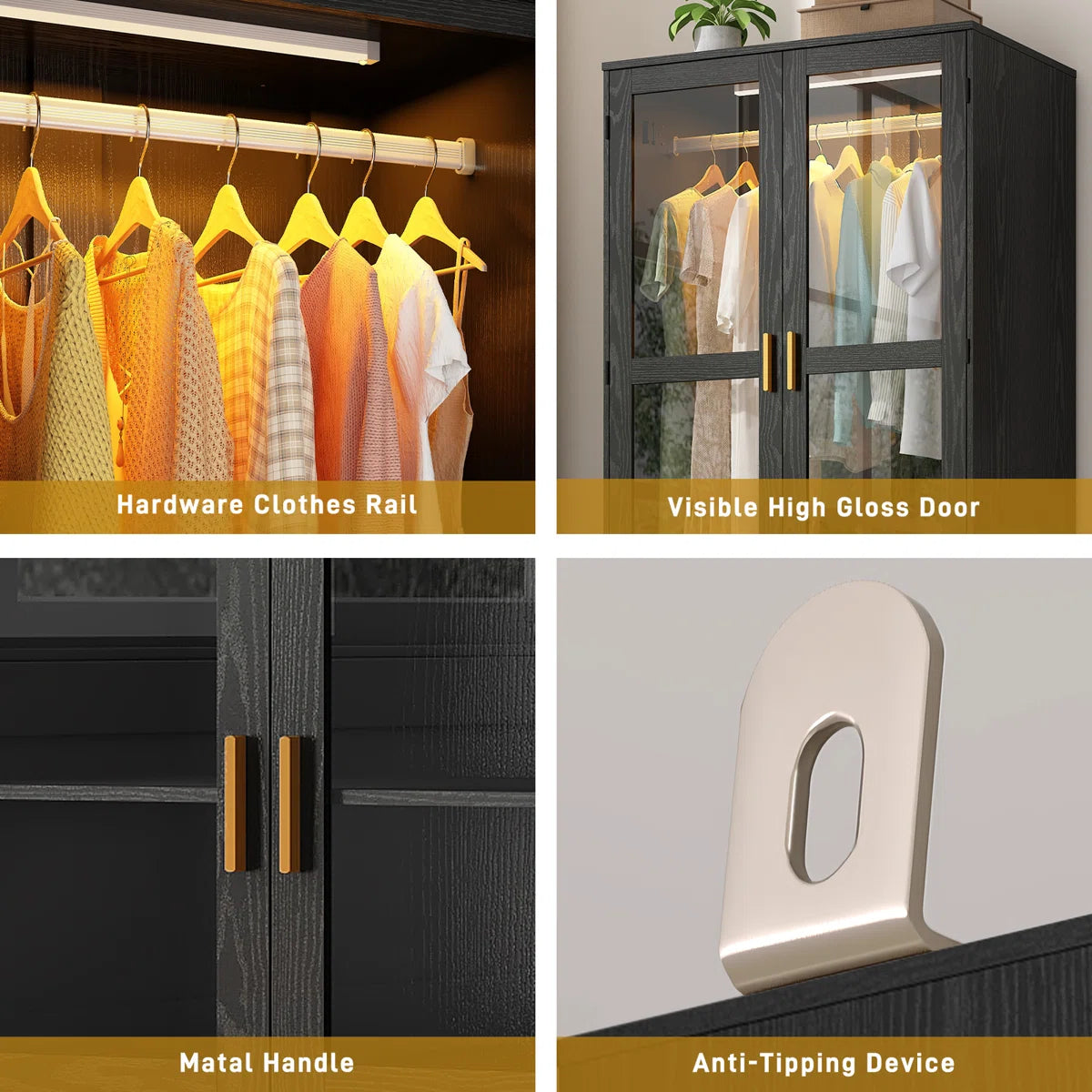 4-Door 71" H Armoire With LED Sensor Light And Hanging Rod