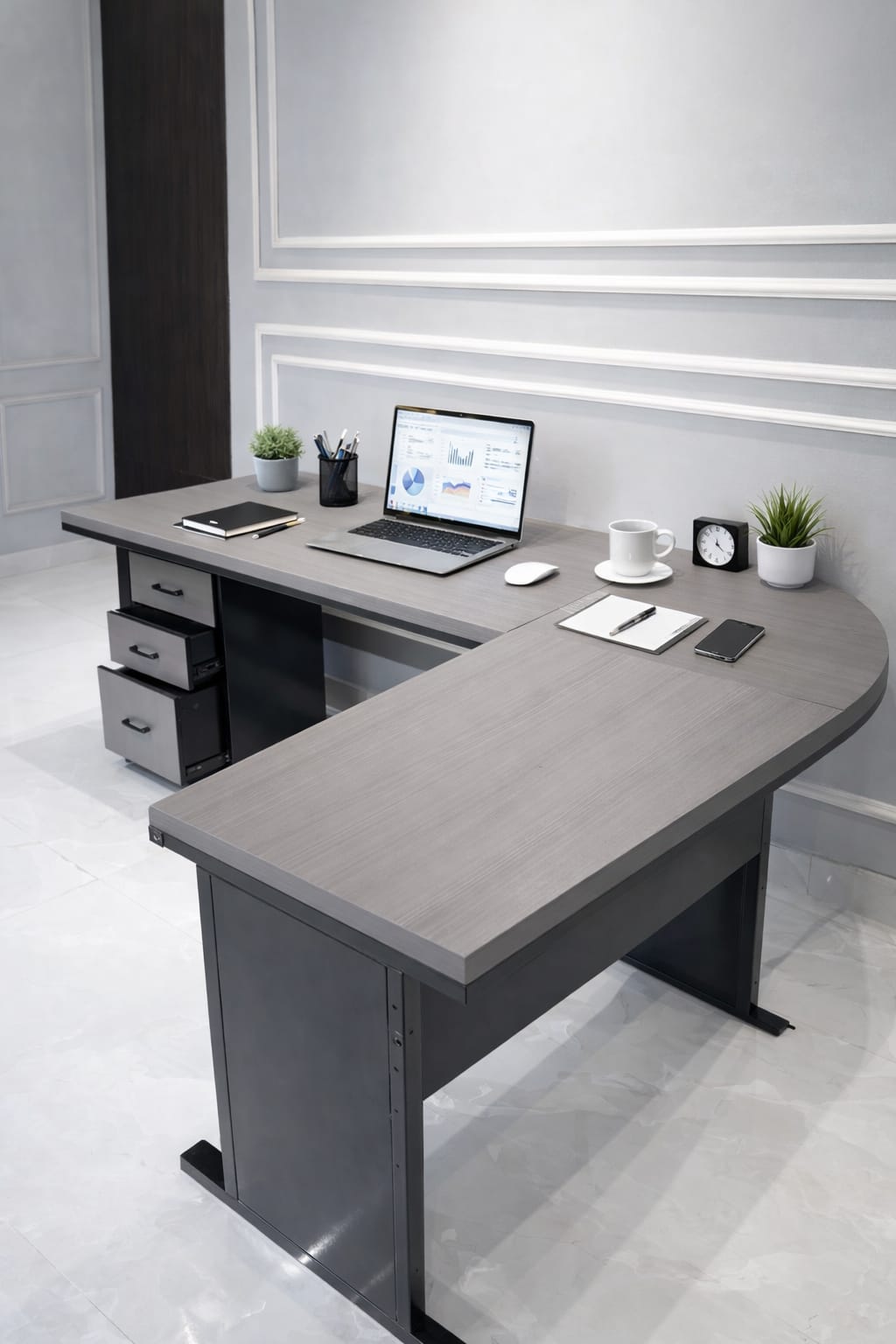 L-Shaped Metal Base Executive Desk