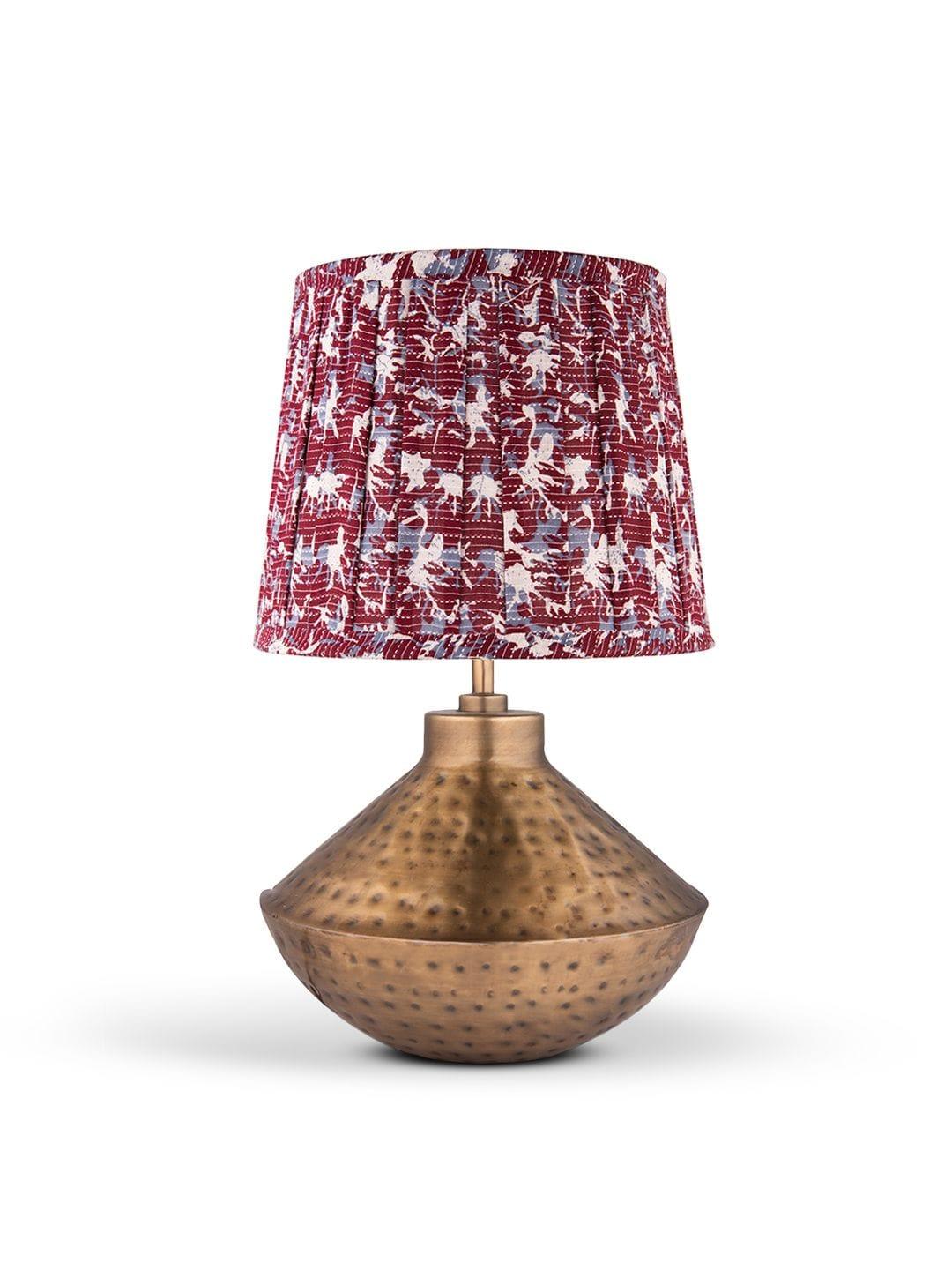 Golden Hammered Urn Lamp with Pleeted Multicolor Maroon Shade - Ouch Cart 