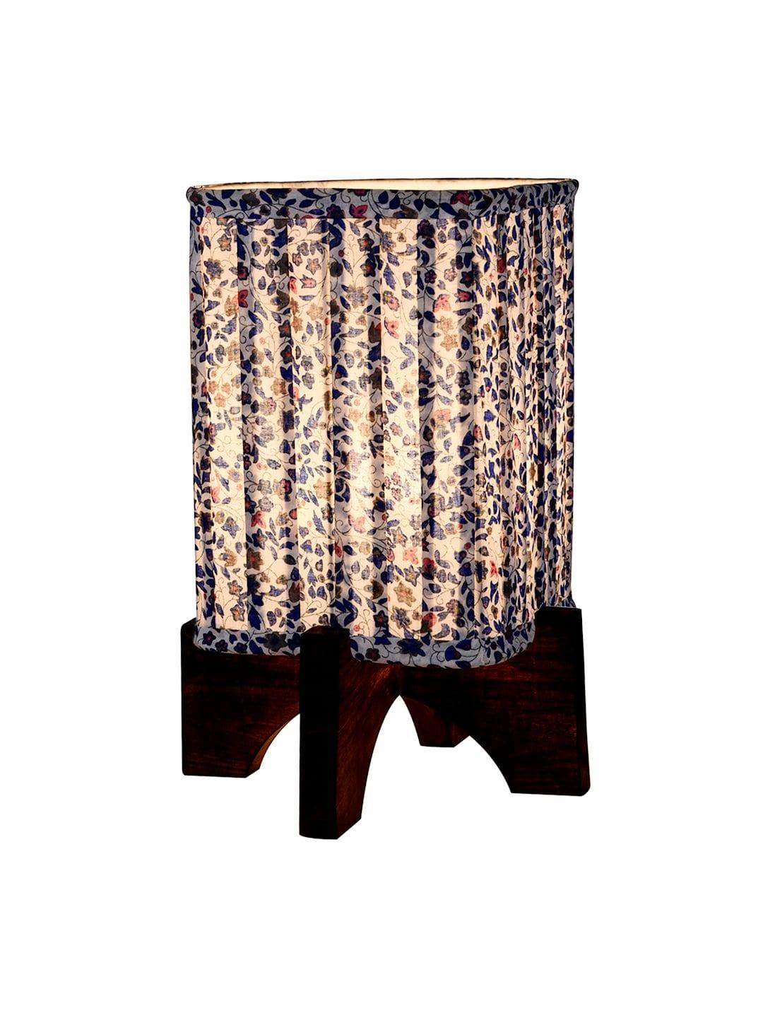 Wooden Brown Base Lamp with pleeted Blue Tinyleaves Soft Shade - Ouch Cart 