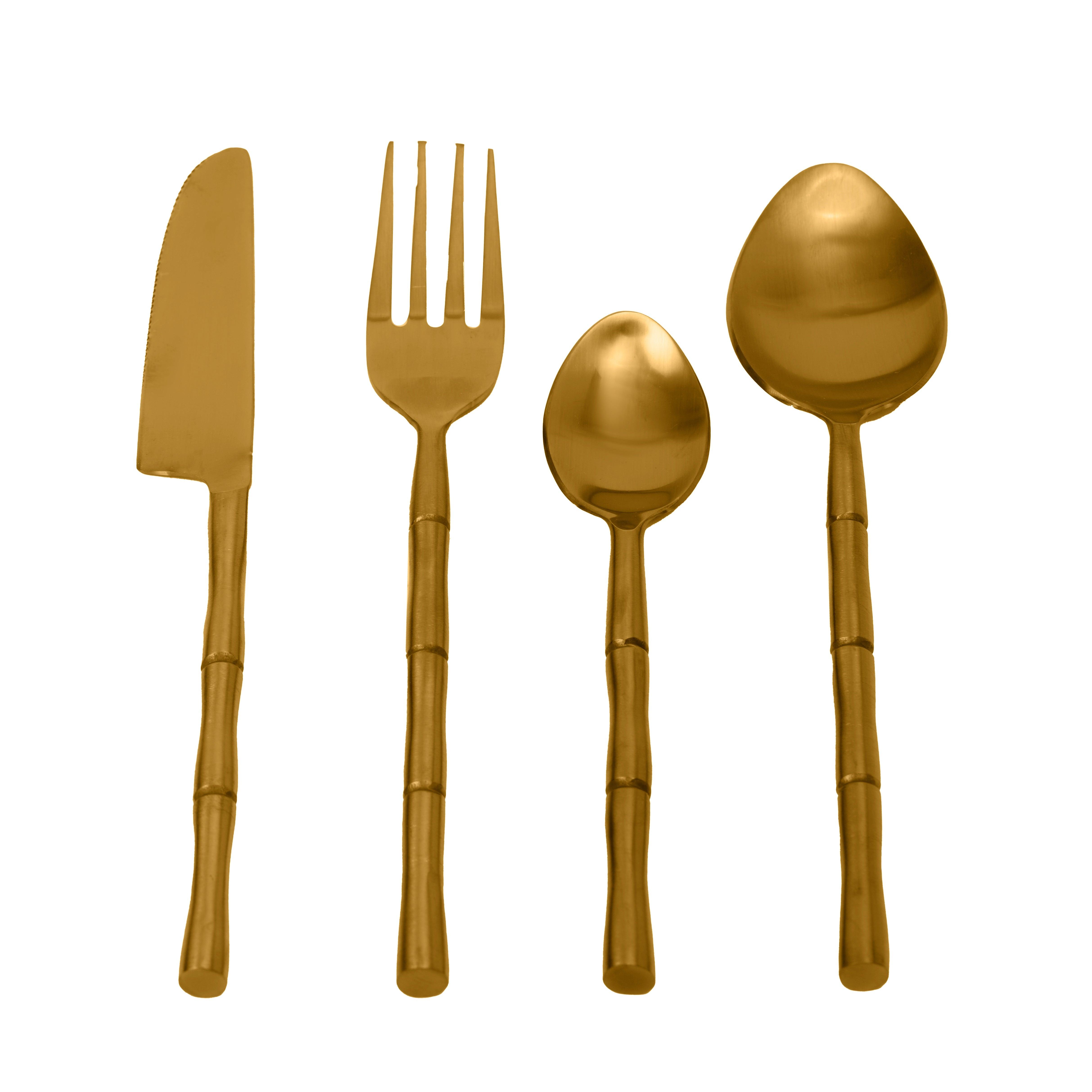 Bamboo Elegance Gold Cutlery (Set of 16) 4Knife, 4Fork,4 Rise Spoon,4 Dessert Spoon - Ouch Cart 