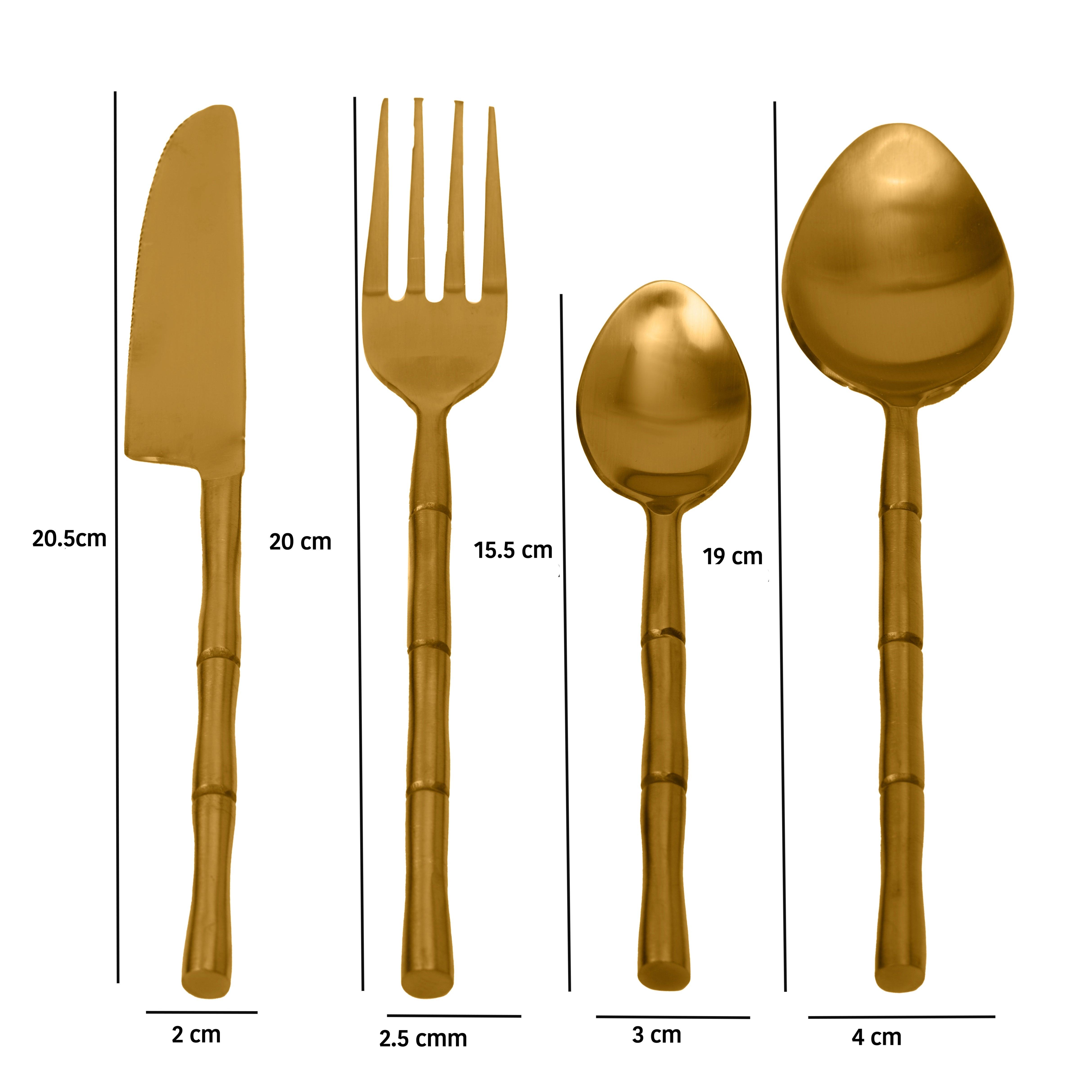 Bamboo Elegance Gold Cutlery (Set of 16) 4Knife, 4Fork,4 Rise Spoon,4 Dessert Spoon - Ouch Cart 