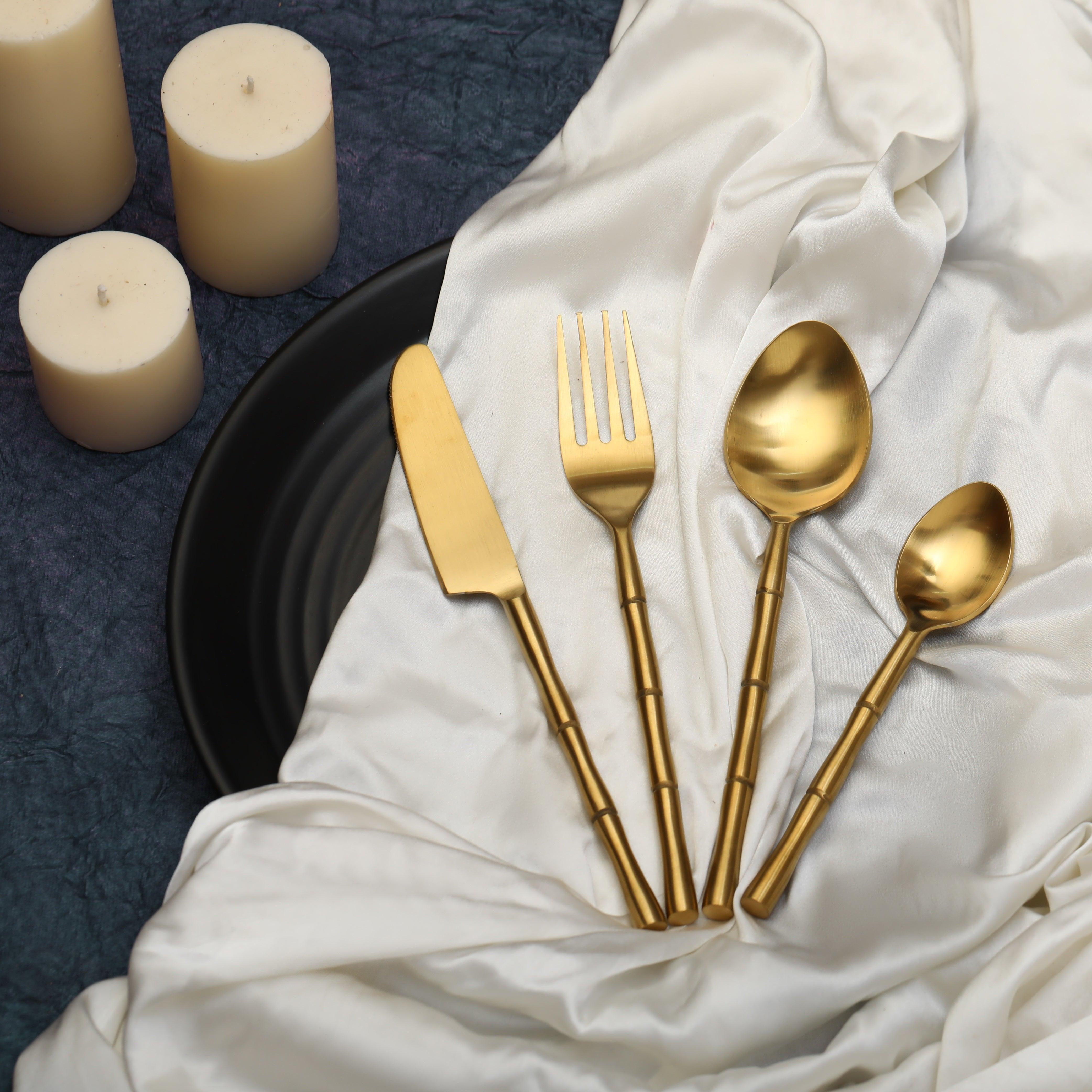 Bamboo Elegance Gold Cutlery (Set of 16) 4Knife, 4Fork,4 Rise Spoon,4 Dessert Spoon - Ouch Cart 