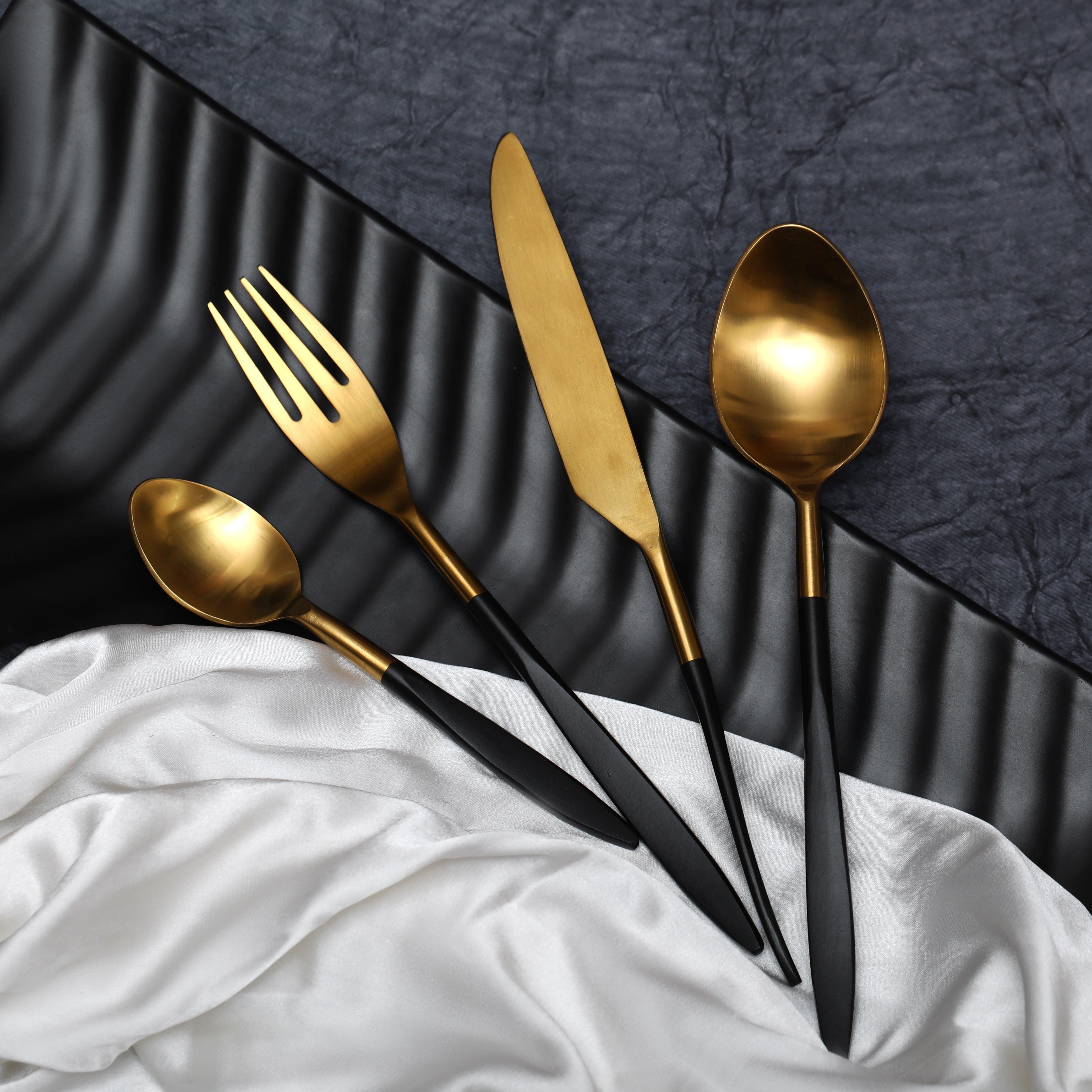 Midnight Opulence Black & Gold Cutlery Set of 16 - Ouch Cart 