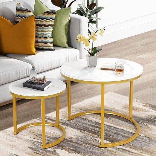 Coffee Tables for Living Room - Small Round Coffee Table Set of 2 Metal Frame - Ouch Cart 