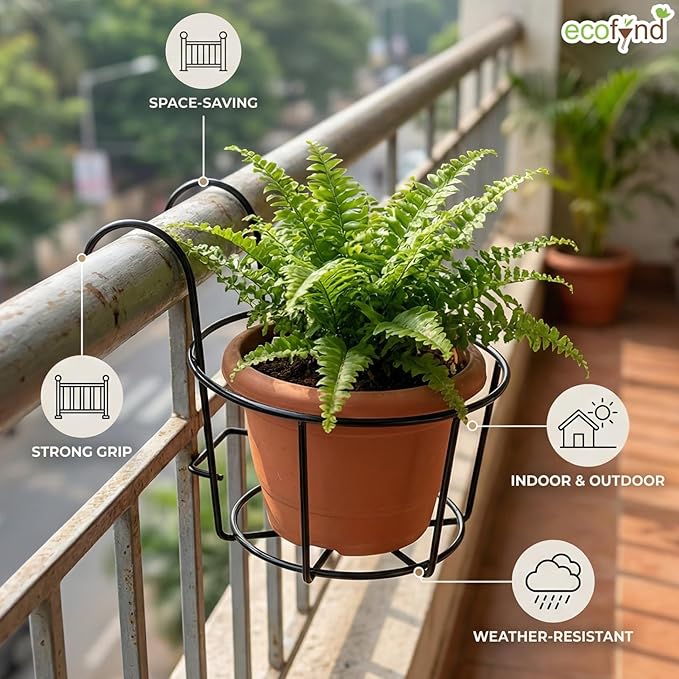 Round Metal Hanging Flower Pot Stand for Balcony Railing | Outdoor & Indoor Planter Holder