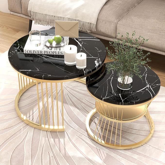 Iron Frame Faux Marbled Laminated Round Coffee Table Set of 2 Stacking Center Tables for Living Room Bedroom or Apartments (Golden White)
