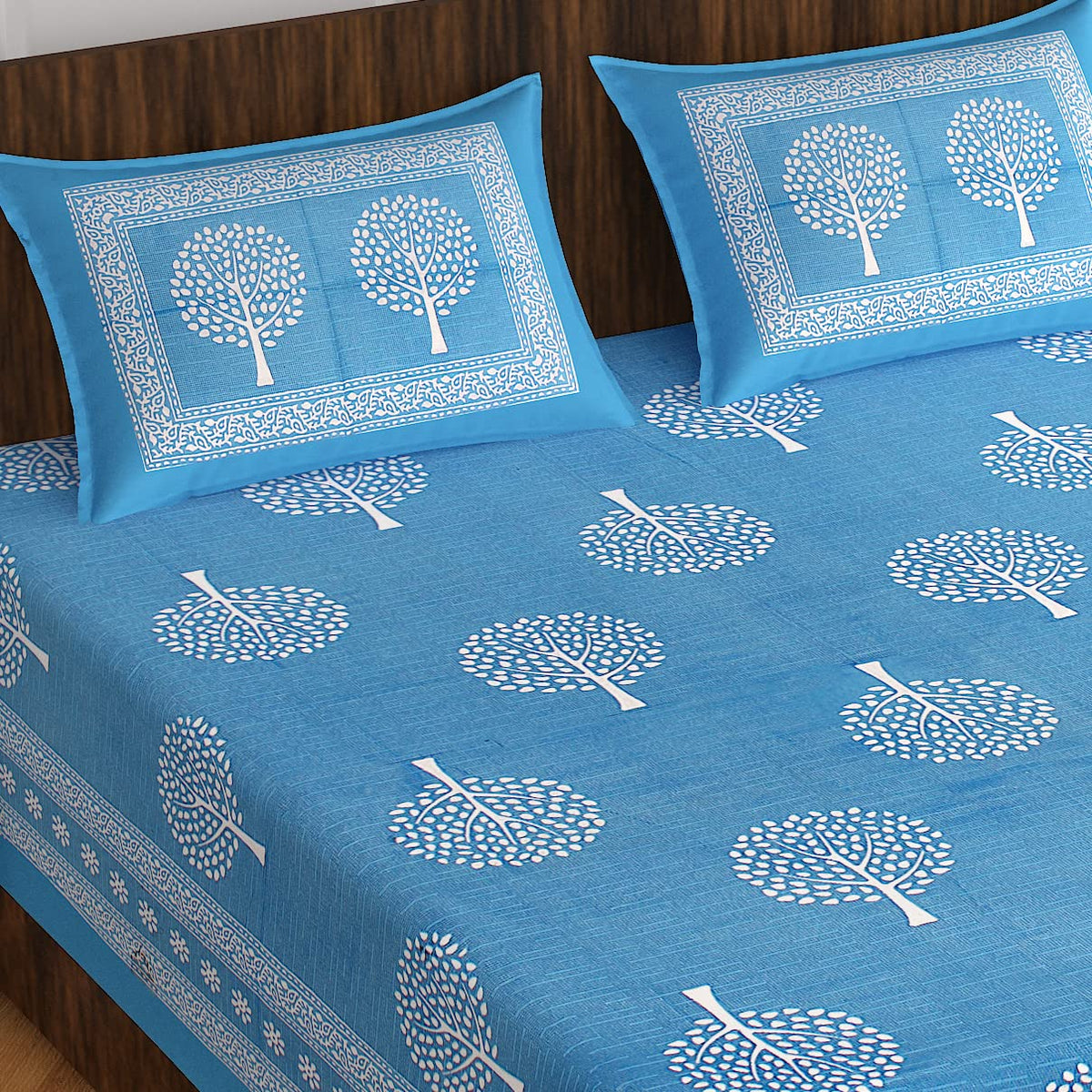 Pure Cotton Jaipuri Double Queen Bedsheet with 2 Pillow Covers | 90 x 100 Inches | 144 TC | Dark Blue Botanical Print | Soft & Breathable Flat Bedsheet
