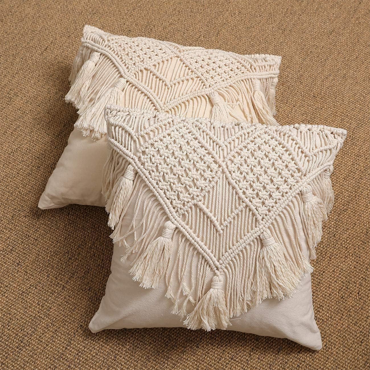 White Cotton Macrame Cushion Cover, 16 x 16 Inch, Bohemian Floral Design