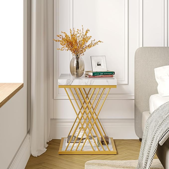 Tribesigns Faux Marble End Table White Gold, 2-Tier Small Side Table with Metal Frame, Bedside Table for Sofa, Couch, Living Room