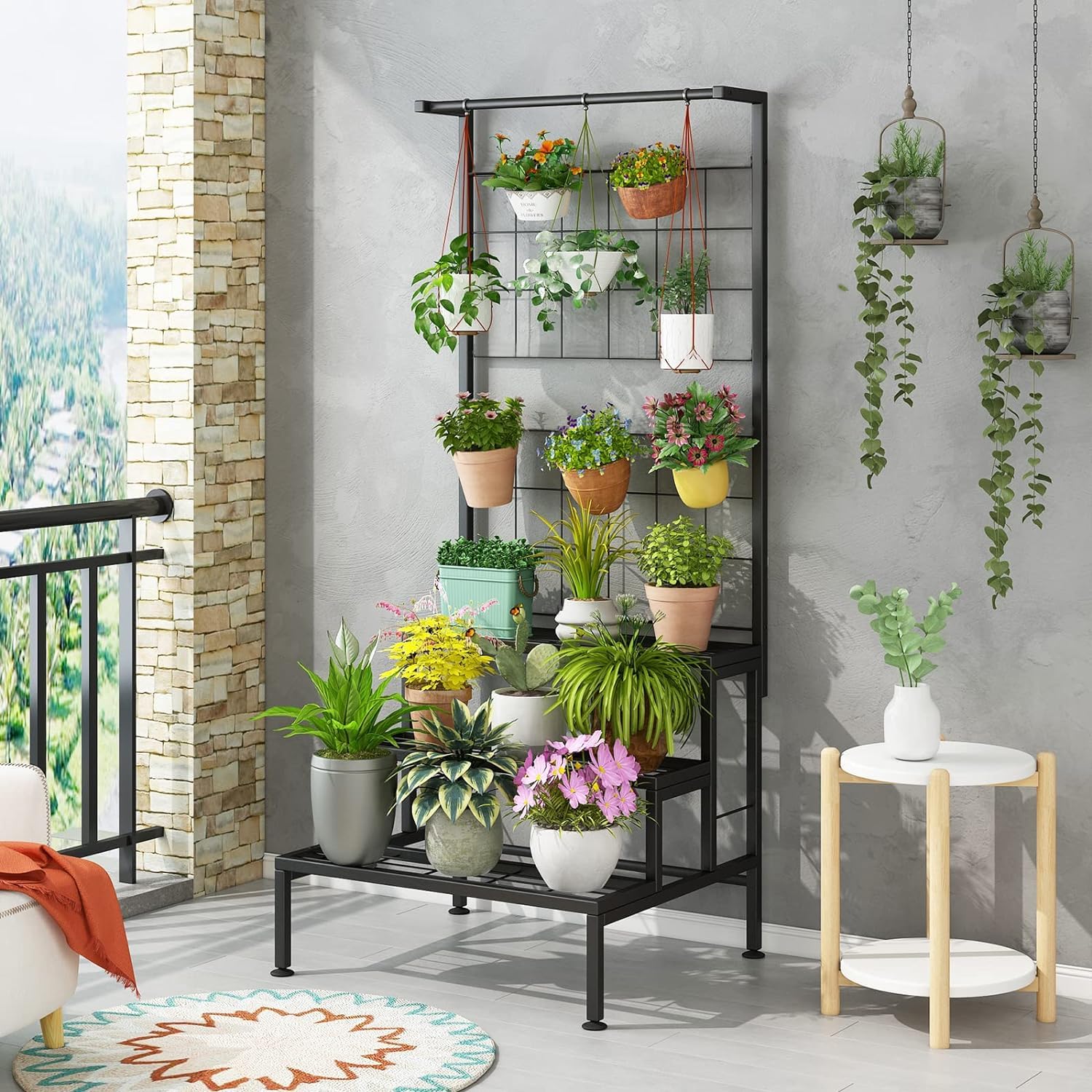 Plant Stand 3-Tier Hanging Shelves Flower Pot Organizer Multiple Flower Display Holder Indoor Outdoor Heavy Duty Potted Planter Rack Unit with Grid Panel for Living Room Balcony