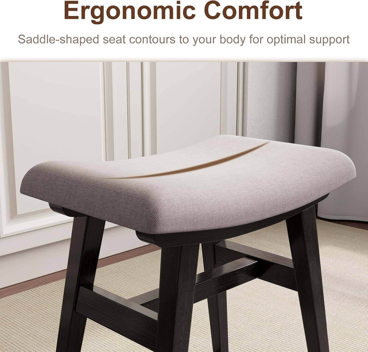 Solid Wood Small Vanity Stool with Saddle Cushion, High-Rebound Sponge Seat, Easy Assembly Makeup Chair, Footstool for Bedroom, Entryway, Black