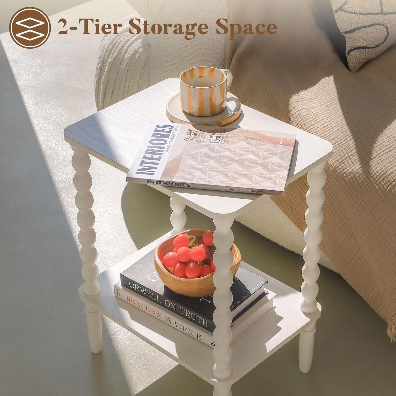 Side Table, Small End Table with Storage Shelf, 2-Tier Small Coffee Tables Living Room for Bedroom, Narrow Spaces (Rustic Brown)