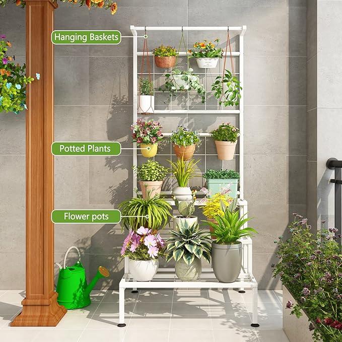 Plant Stand 3-Tier Hanging Shelves Flower Pot Organizer Multiple Flower Display Holder Indoor Outdoor Heavy Duty Potted Planter Rack Unit with Grid Panel for Living Room Balcony - Ouch Cart 
