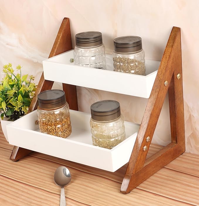 Versatile Wooden Triangular Spice Rack - 2-Tier Kitchen Countertop Organizer with Jars & Bottles Holder | Stylish Kitchen Storage & Décor (2 Tier)