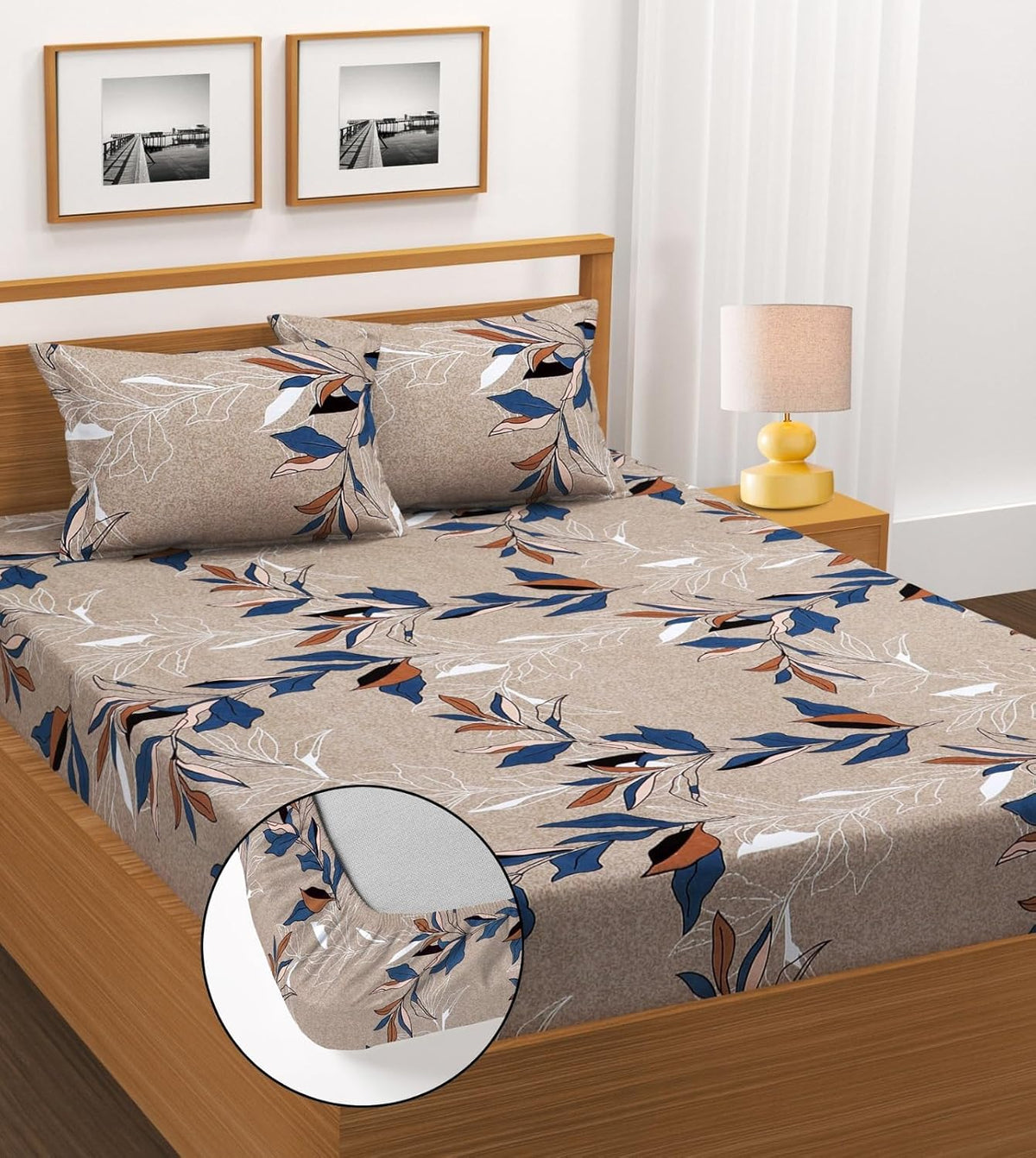 Trending Fitted Elastic Cotton Double King Bedsheet with 2 Pillow Covers | 220 Thread Count | Botanical Floral Print | All-Around Elastic Fit | Fits Up to 8 Inch Mattress | Summer Bedsheet