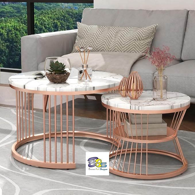 Iron Frame Faux Marbled Laminated Round Coffee Table Set of 2 Stacking Center Tables for Living Room Bedroom or Apartments (Golden White)