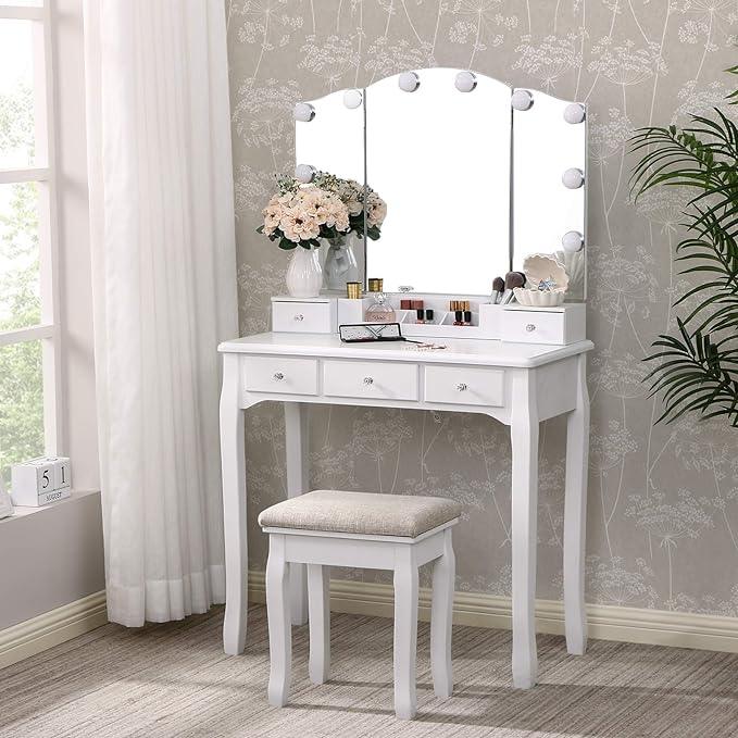 Sbdmirau Modern Vanity Desk with Lighted Mirror | Desk Makeup Dressing Table | 10 LED Lights | 3 Large Drawers and 2 small drawer | Writing Desk with Storage for Bedroom - White - Ouch Cart 