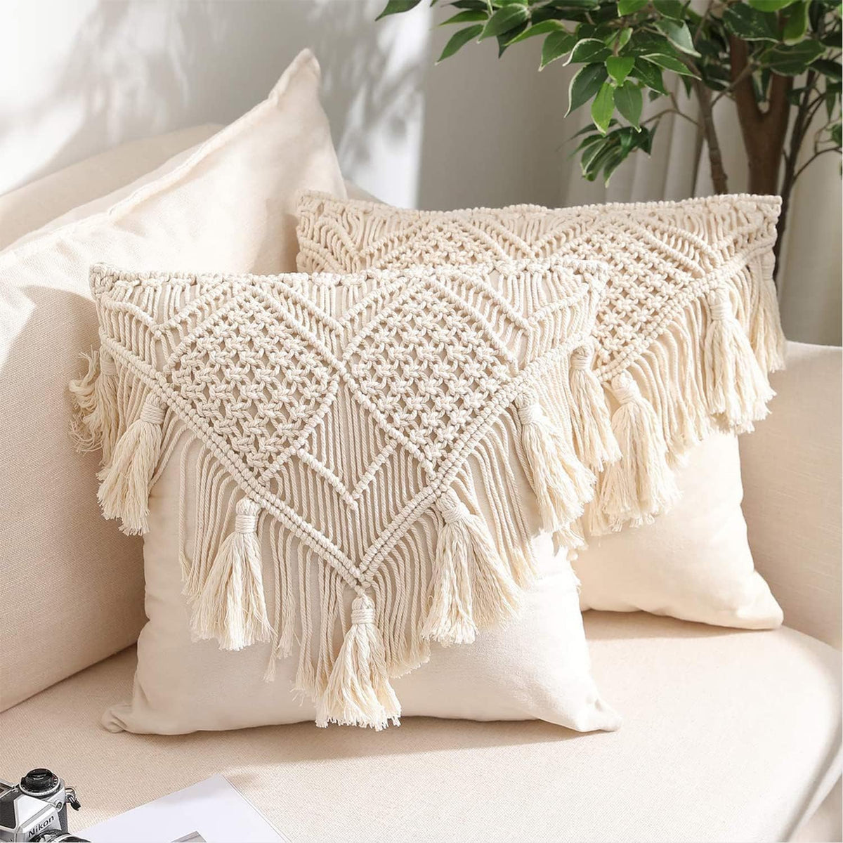 White Cotton Macrame Cushion Cover, 16 x 16 Inch, Bohemian Floral Design